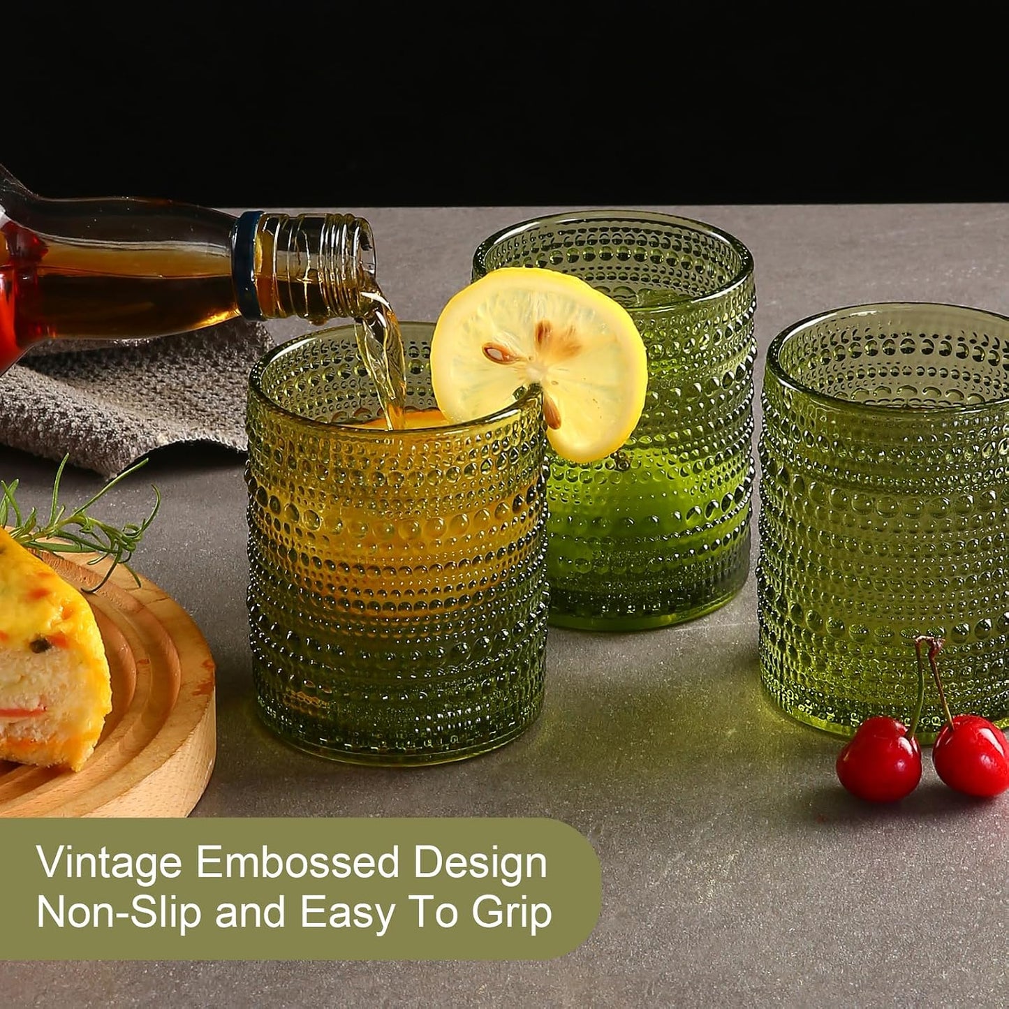 Drinking Glasses Set of 6,12Oz Green Hobnail Glass Cups