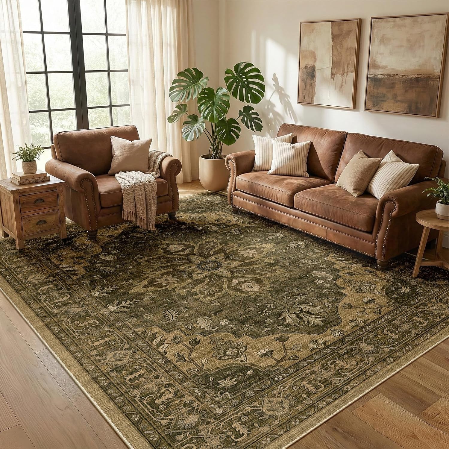 Washable Area Rug, 5'X7', Brown/Dark Brown