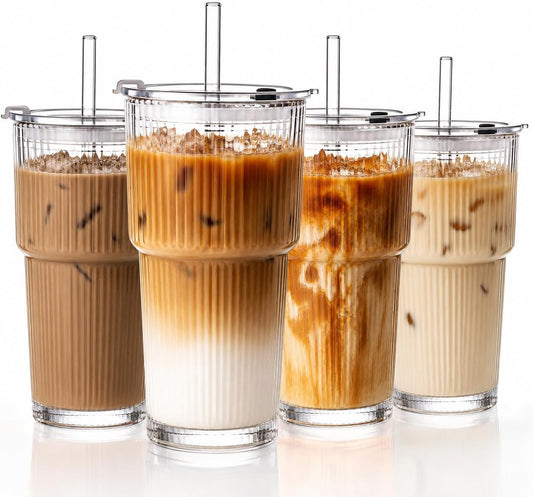 20Oz Iced Coffee Cups with Lids, Ribbed Glass Cups with Lids and Straws