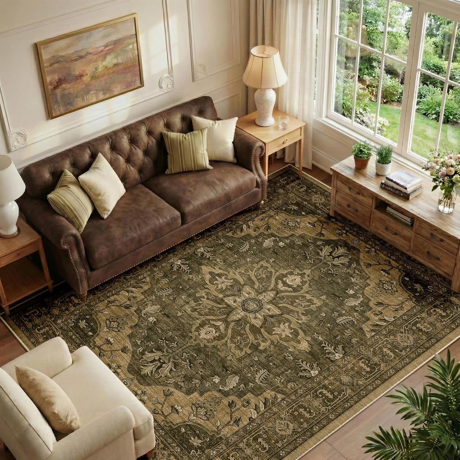 Washable Area Rug, 5'X7', Brown/Dark Brown