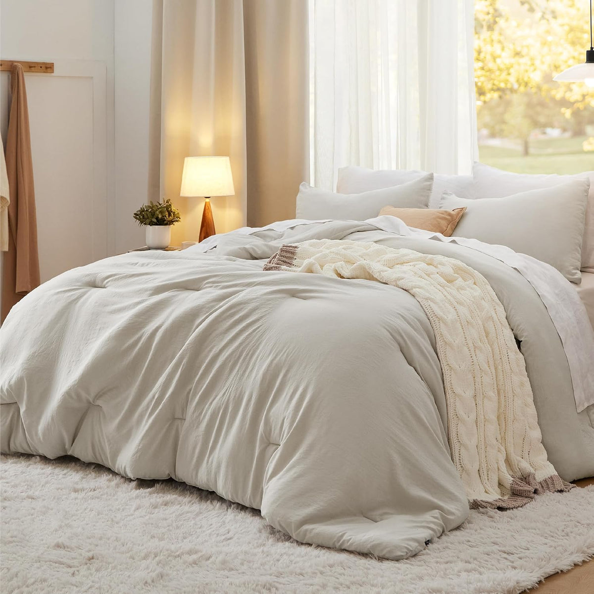 King Comforter Set Prewashed Soft Bedding Set 3Pcs Beige 104"X90"