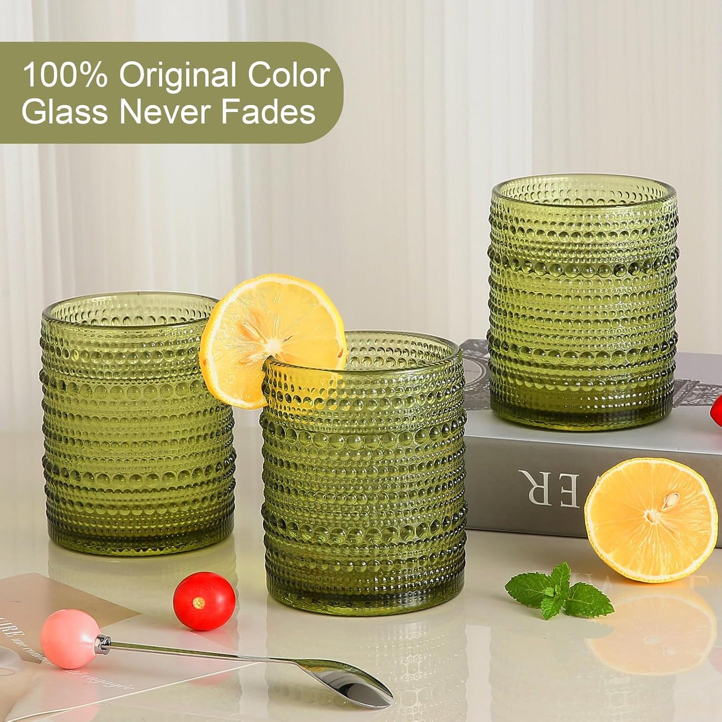 Drinking Glasses Set of 6,12Oz Green Hobnail Glass Cups