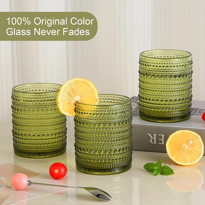 Drinking Glasses Set of 6,12Oz Green Hobnail Glass Cups