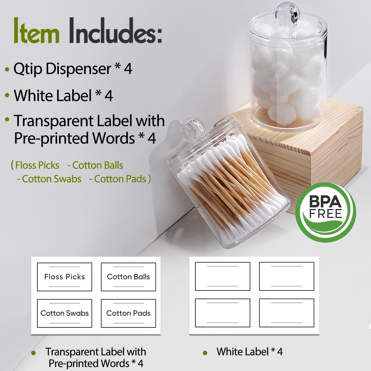 4 Pack Acrylic Qtip Holder Dispenser for Cotton Swabs, Balls, Floss Picks