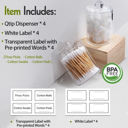 4 Pack Acrylic Qtip Holder Dispenser for Cotton Swabs, Balls, Floss Picks