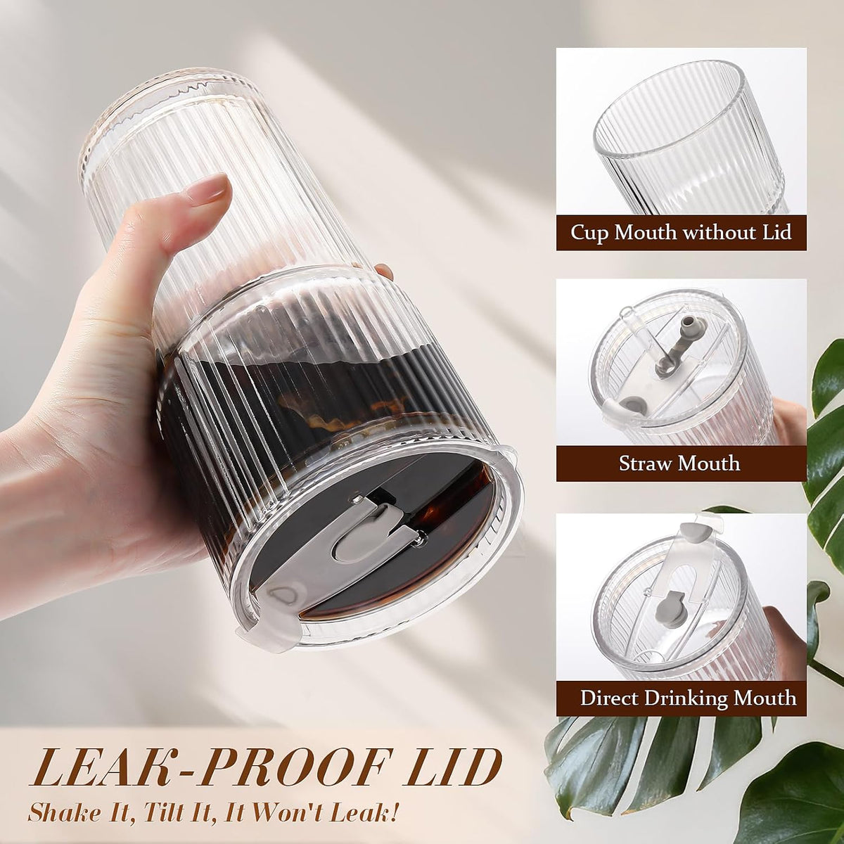 20Oz Ribbed Glass Tumbler with Straw and Lid,2 Pcs Vintage Iced Coffee Cups