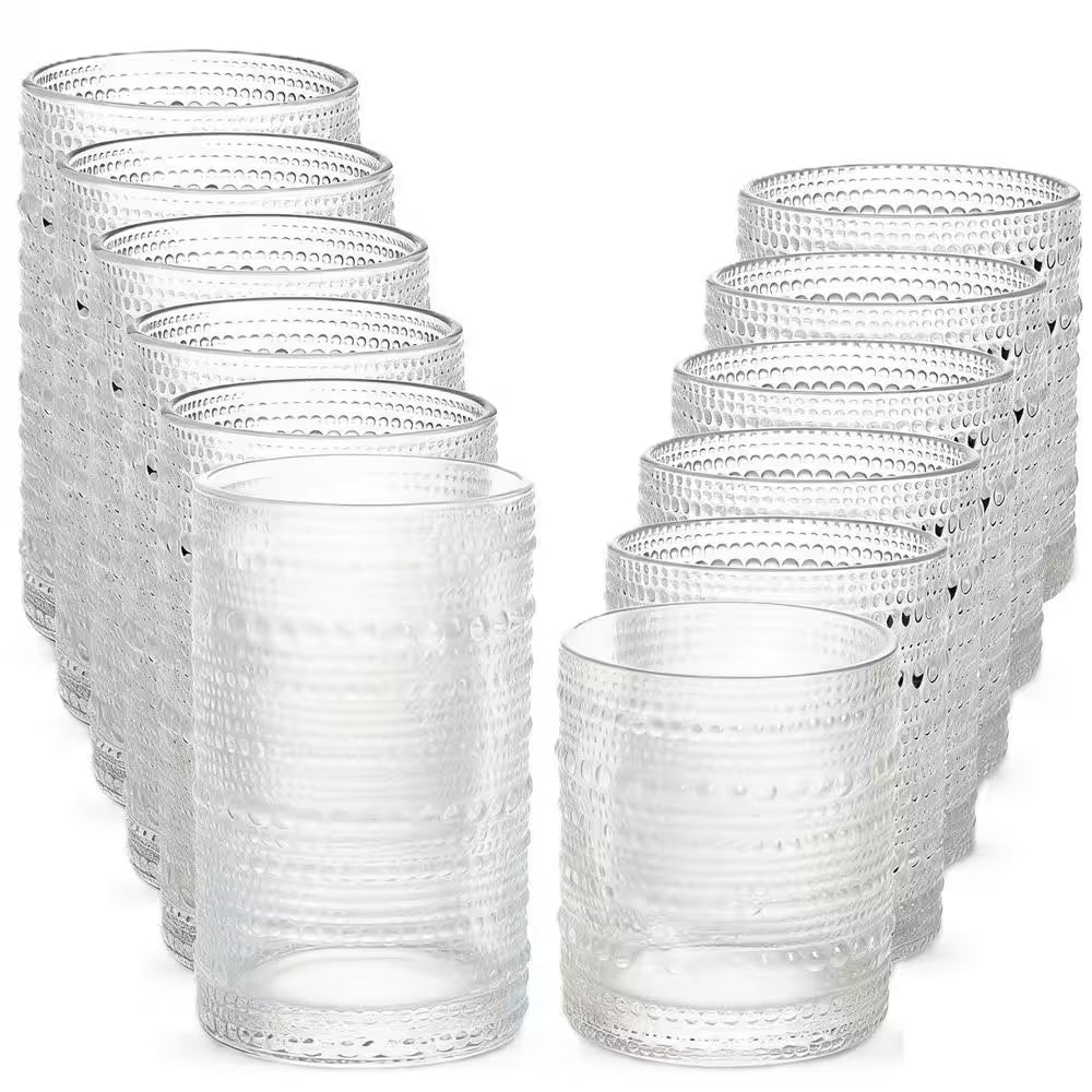 Hobnail Drinking Glasses Set of 12,12 Oz. Highball Glasses and 10 Oz. Cocktail Glasses, Clear Embossed Boho Glass Cups