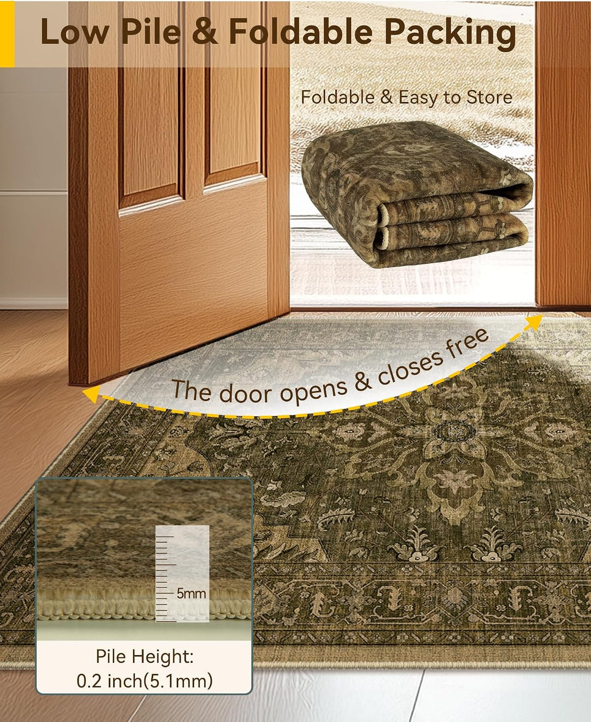 Washable Area Rug, 5'X7', Brown/Dark Brown