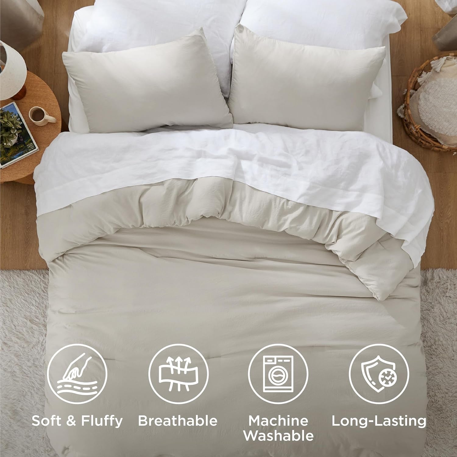 King Comforter Set Prewashed Soft Bedding Set 3Pcs Beige 104"X90"