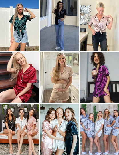 Womens Pajamas Silk Satin Short Sleeve Button down Pjs Shorts Set