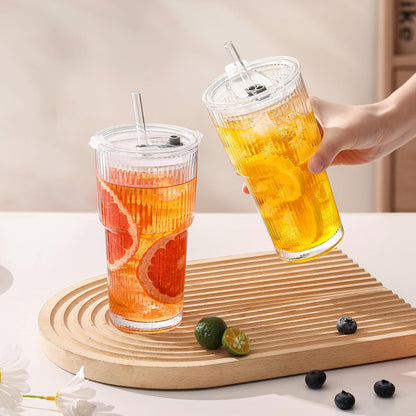 20Oz Iced Coffee Cups with Lids, Ribbed Glass Cups with Lids and Straws