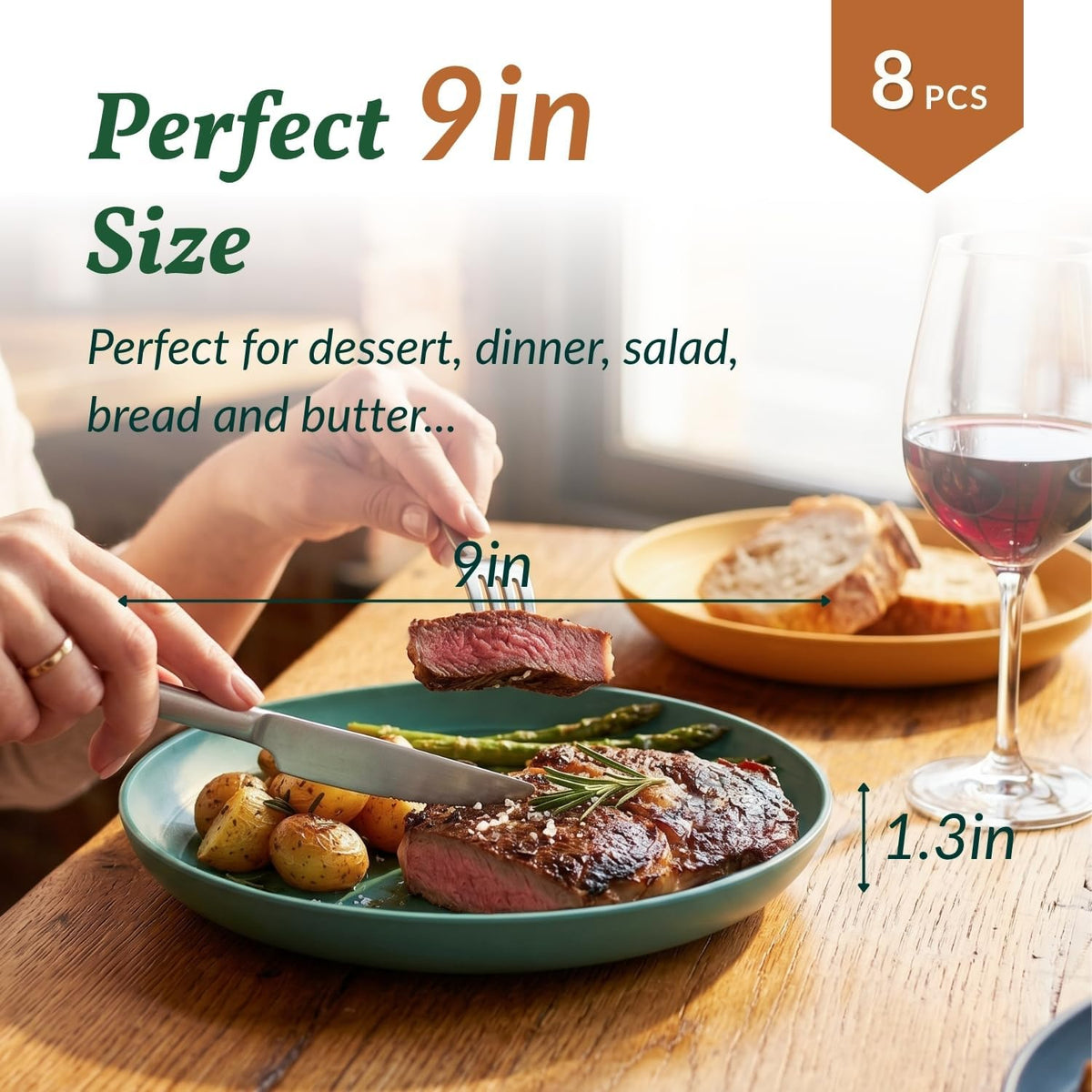 Deep Dinner Plates Set of 8 Alternative for Plastic Plates Microwave and Dishwasher Safe Wheat Straw Plates for Kitchen Unbreakable Kids Plate Set with 4 Colors (Classic Bright, 9 Inch)