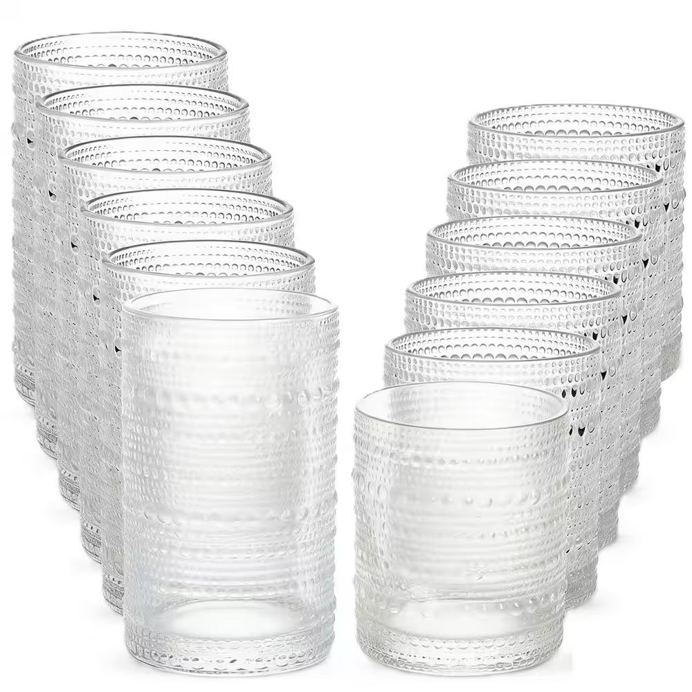 Hobnail Drinking Glasses Set of 12,12 Oz. Highball Glasses and 10 Oz. Cocktail Glasses, Clear Embossed Boho Glass Cups