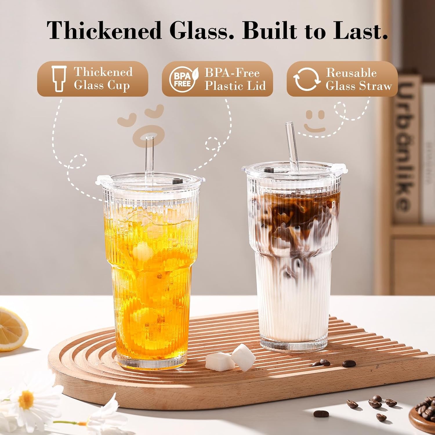 20Oz Iced Coffee Cups with Lids, Ribbed Glass Cups with Lids and Straws