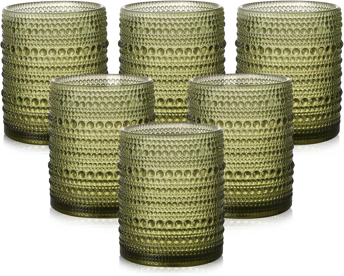 Drinking Glasses Set of 6,12Oz Green Hobnail Glass Cups