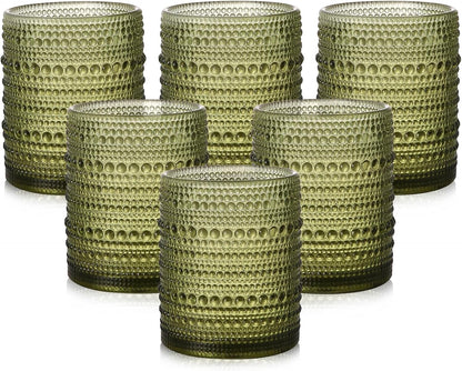 Drinking Glasses Set of 6,12Oz Green Hobnail Glass Cups