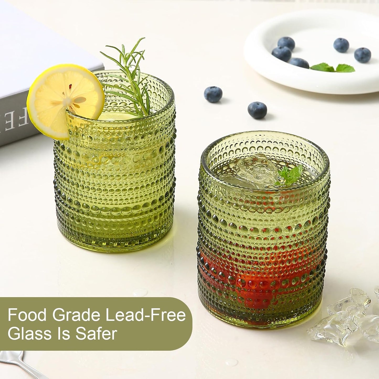 Drinking Glasses Set of 6,12Oz Green Hobnail Glass Cups
