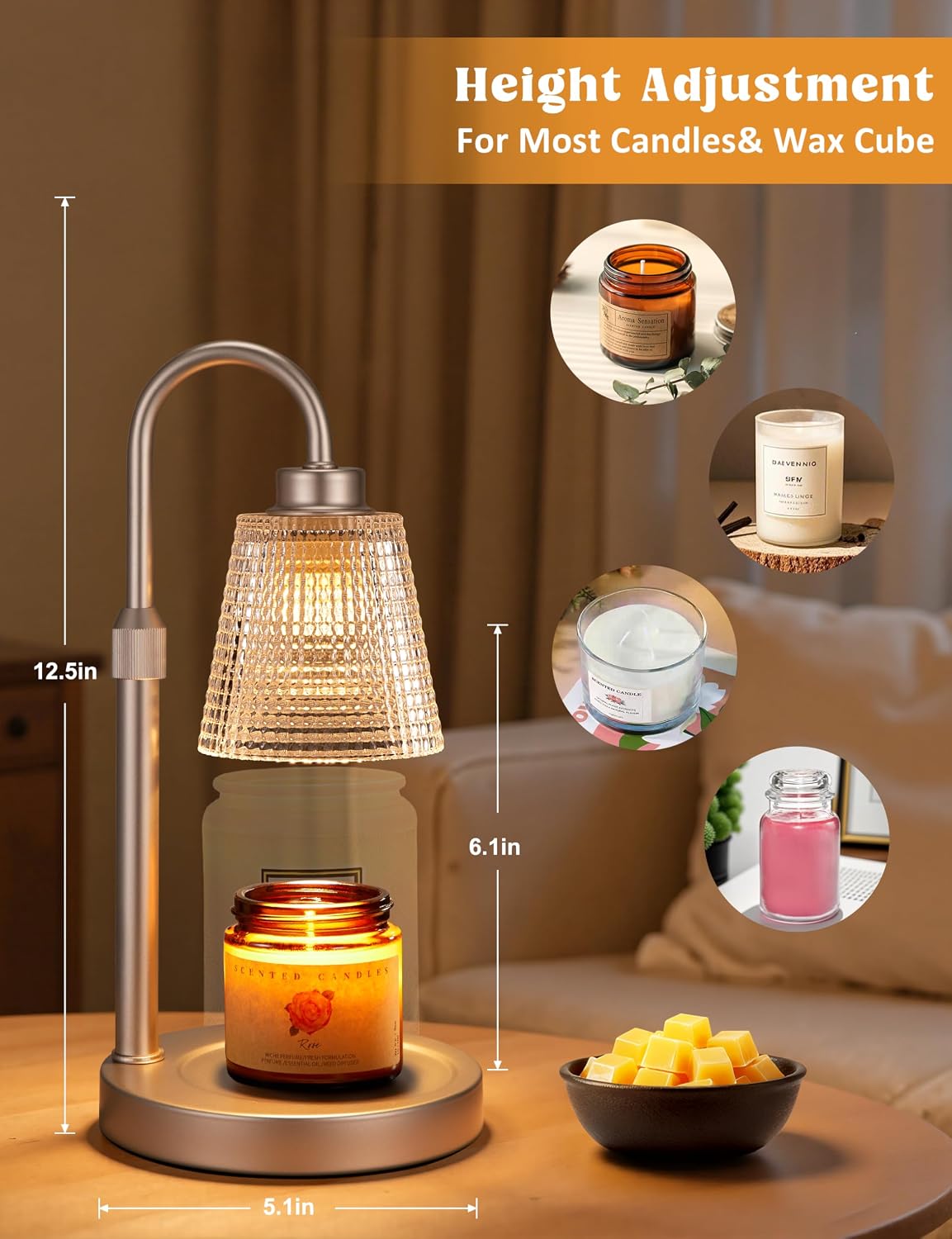 Champagne Gold Candle Warmer Lamp with Timer, Dimmable Candle Warmer for Home Decor, Height Adjustable Candle Lamp for Jar Candles, Birthday Gifts for Women Mom, House Warming Gifts New Home