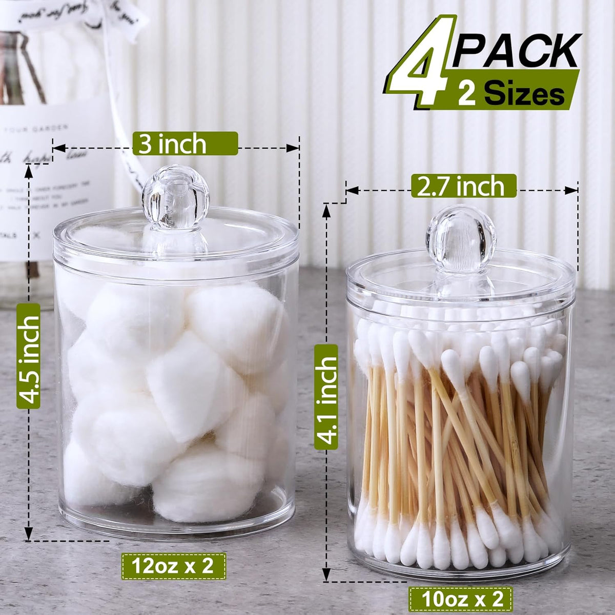 4 Pack Acrylic Qtip Holder Dispenser for Cotton Swabs, Balls, Floss Picks