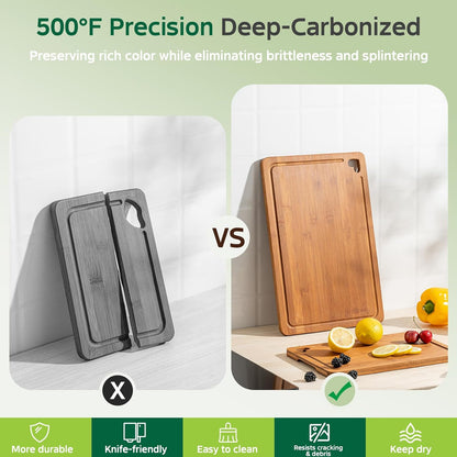 Bamboo Cutting Boards for Kitchen(Set of 3), Wood Cutting Board with Wood Storage Stand, Charcuterie & Chopping Board for Vegetables and Meat, with Deep Juice Groove, Ideal Kitchen Gifts