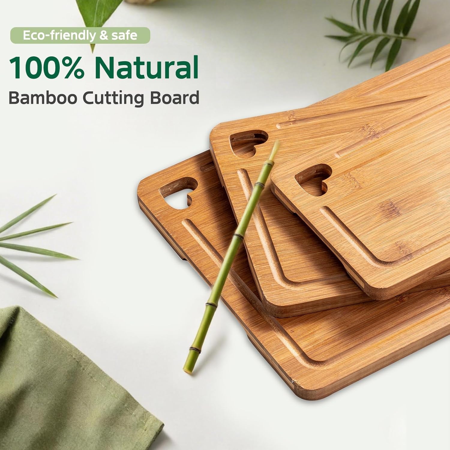 Bamboo Cutting Boards for Kitchen(Set of 3), Wood Cutting Board with Wood Storage Stand, Charcuterie & Chopping Board for Vegetables and Meat, with Deep Juice Groove, Ideal Kitchen Gifts