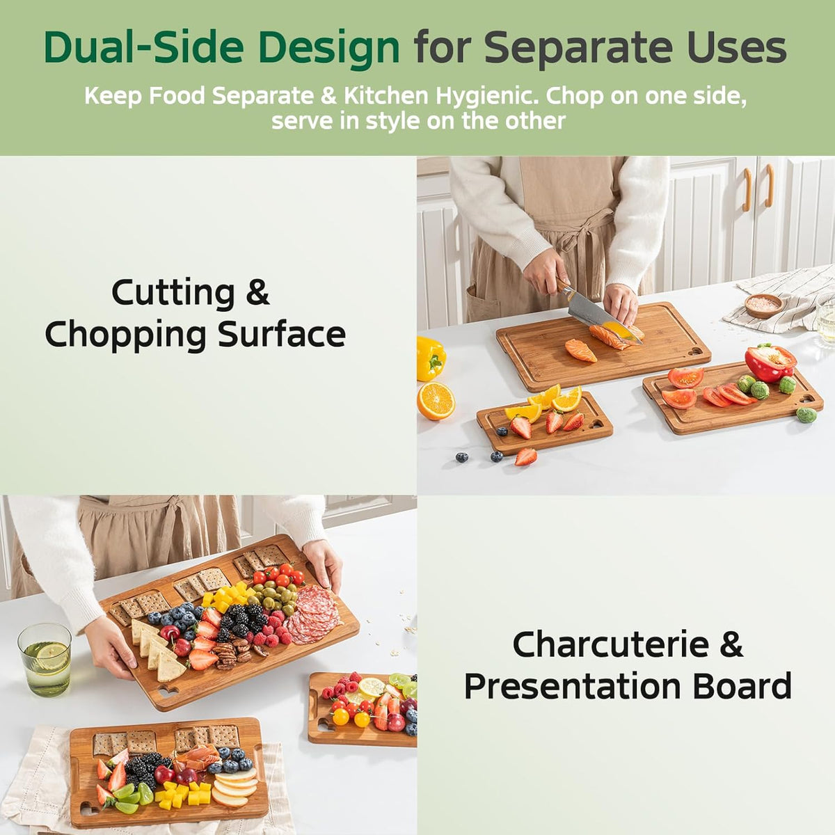 Bamboo Cutting Boards for Kitchen(Set of 3), Wood Cutting Board with Wood Storage Stand, Charcuterie & Chopping Board for Vegetables and Meat, with Deep Juice Groove, Ideal Kitchen Gifts