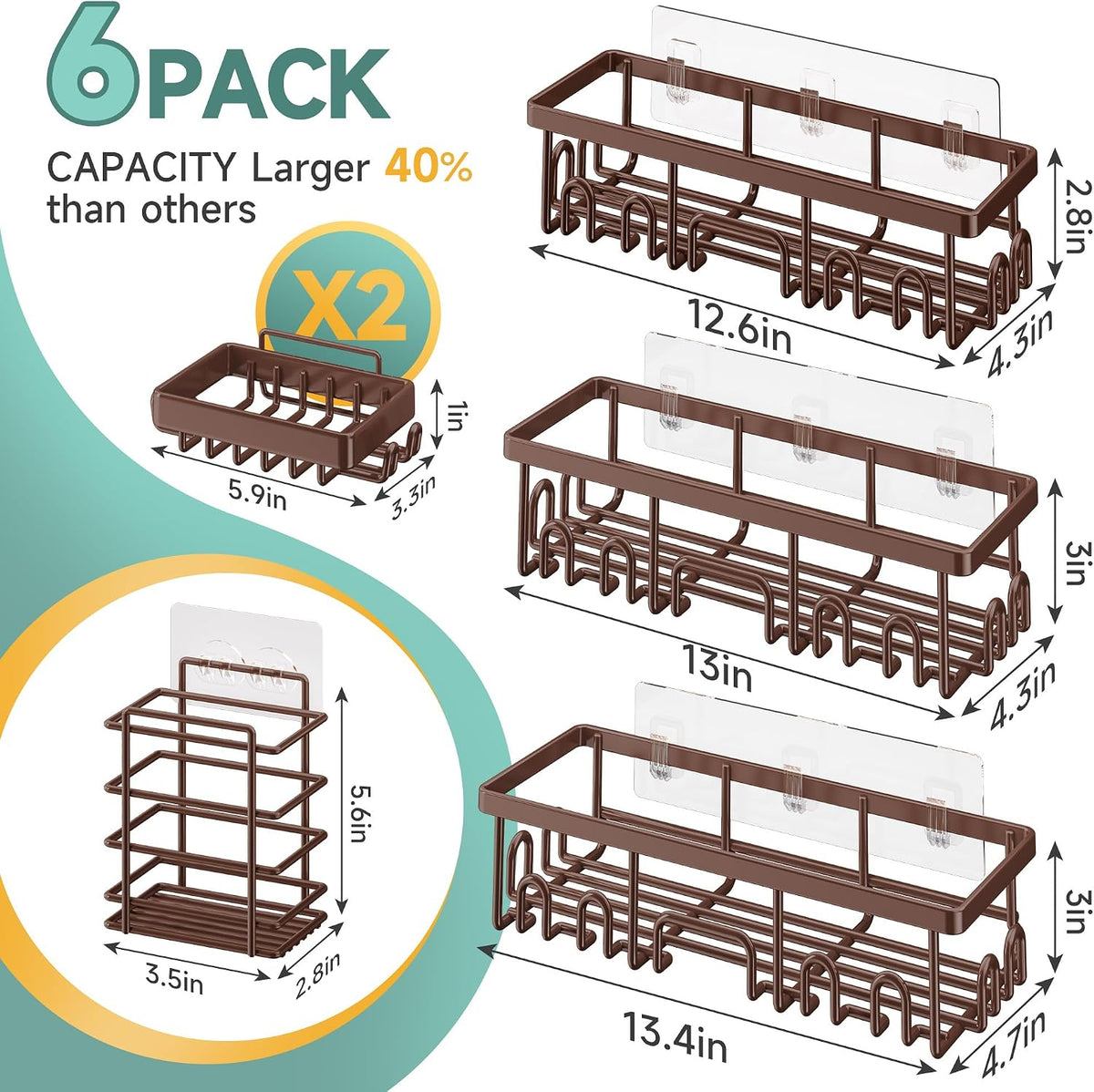 Shower Caddy 6-Pack, No Drilling & Rustproof, Waterproof Adhesive Shelves Rack with Soap Holder, Large Capacity Bathroom Organizers and Storage, Wall-Mounted Kitchen & Home Decor