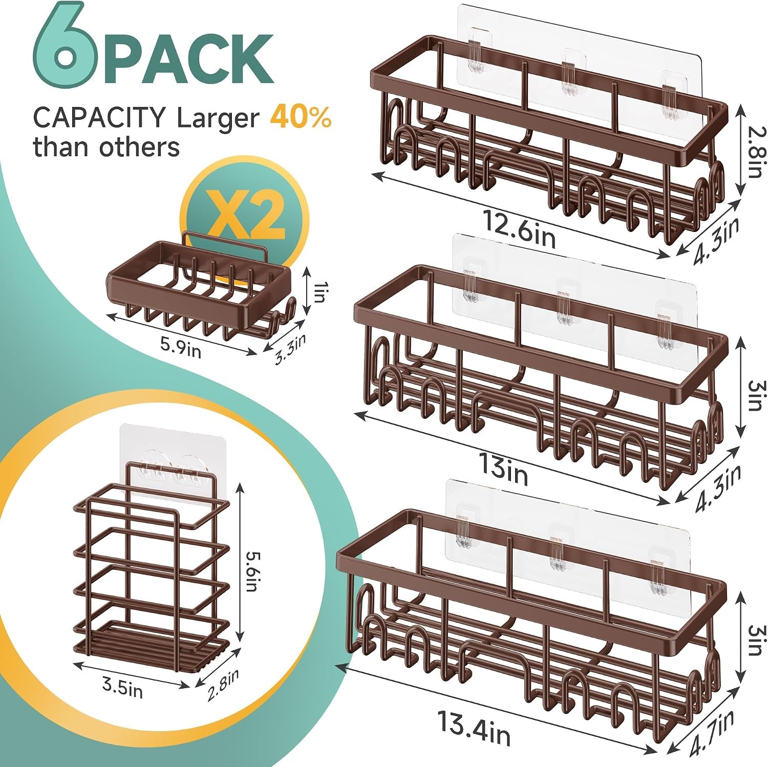 Shower Caddy 6-Pack, No Drilling & Rustproof, Waterproof Adhesive Shelves Rack with Soap Holder, Large Capacity Bathroom Organizers and Storage, Wall-Mounted Kitchen & Home Decor