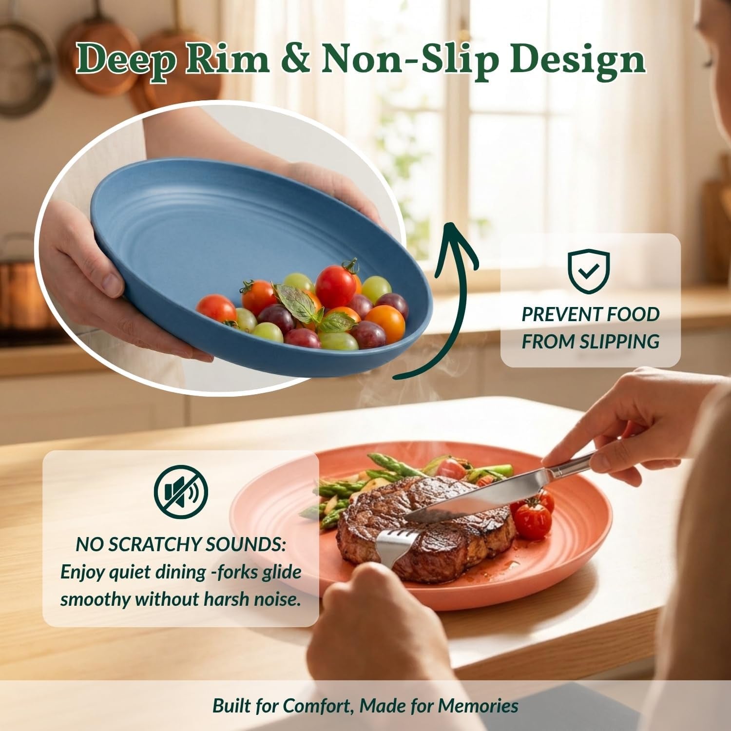 Deep Dinner Plates Set of 8 Alternative for Plastic Plates Microwave and Dishwasher Safe Wheat Straw Plates for Kitchen Unbreakable Kids Plate Set with 4 Colors (Classic Bright, 9 Inch)