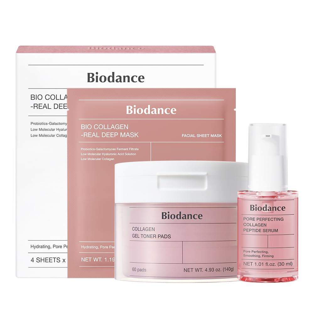 Collagen Pink Glow Trio: Collagen Real Deep Mask & Toner Pads & Peptide Serum for Plumping Hydration, Firming, Korean Skin Care, Skin Care Set