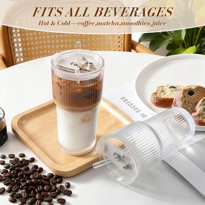 20Oz Ribbed Glass Tumbler with Straw and Lid,2 Pcs Vintage Iced Coffee Cups