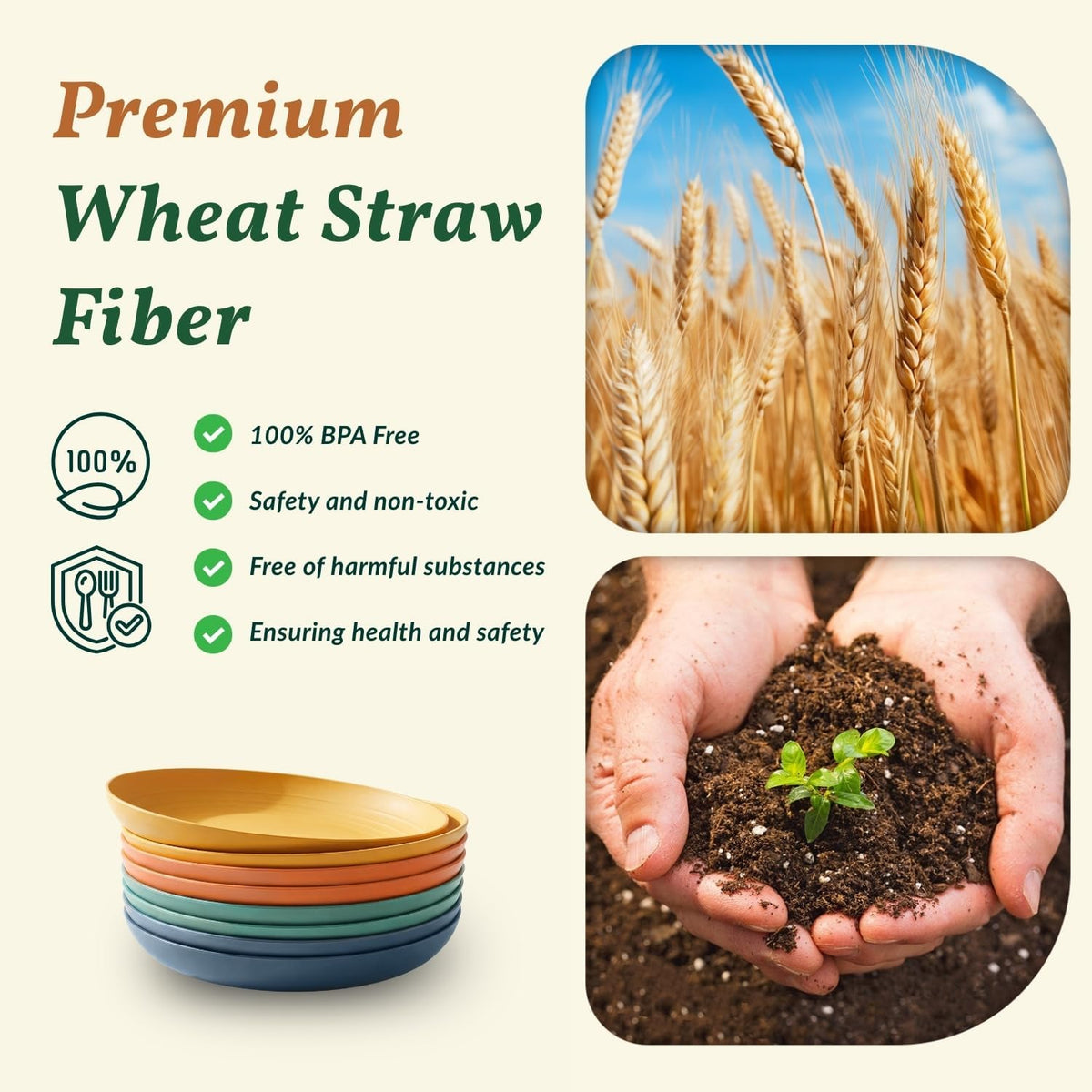 Deep Dinner Plates Set of 8 Alternative for Plastic Plates Microwave and Dishwasher Safe Wheat Straw Plates for Kitchen Unbreakable Kids Plate Set with 4 Colors (Classic Bright, 9 Inch)