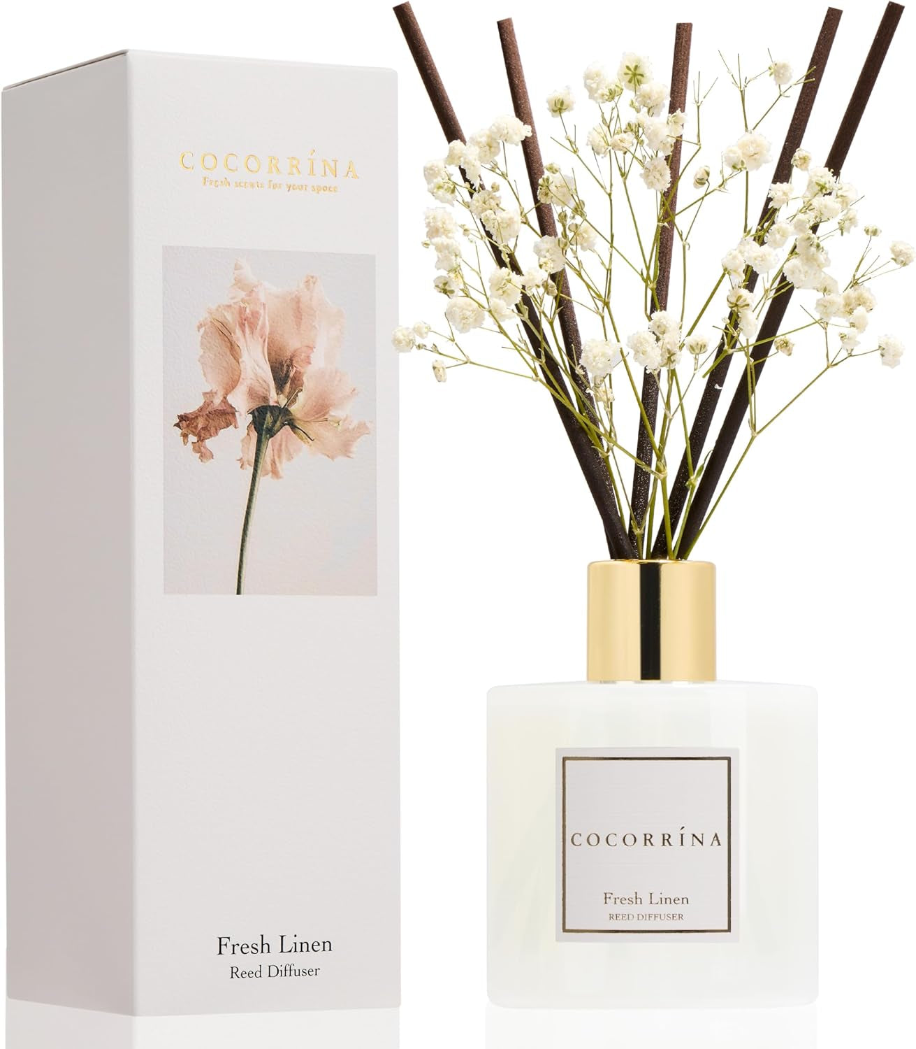 Reed Diffuser - Fresh Linen 6.7 Fl Oz Reed Diffuser with Sticks, Home Bedrrom Bathroom Shelf Decor