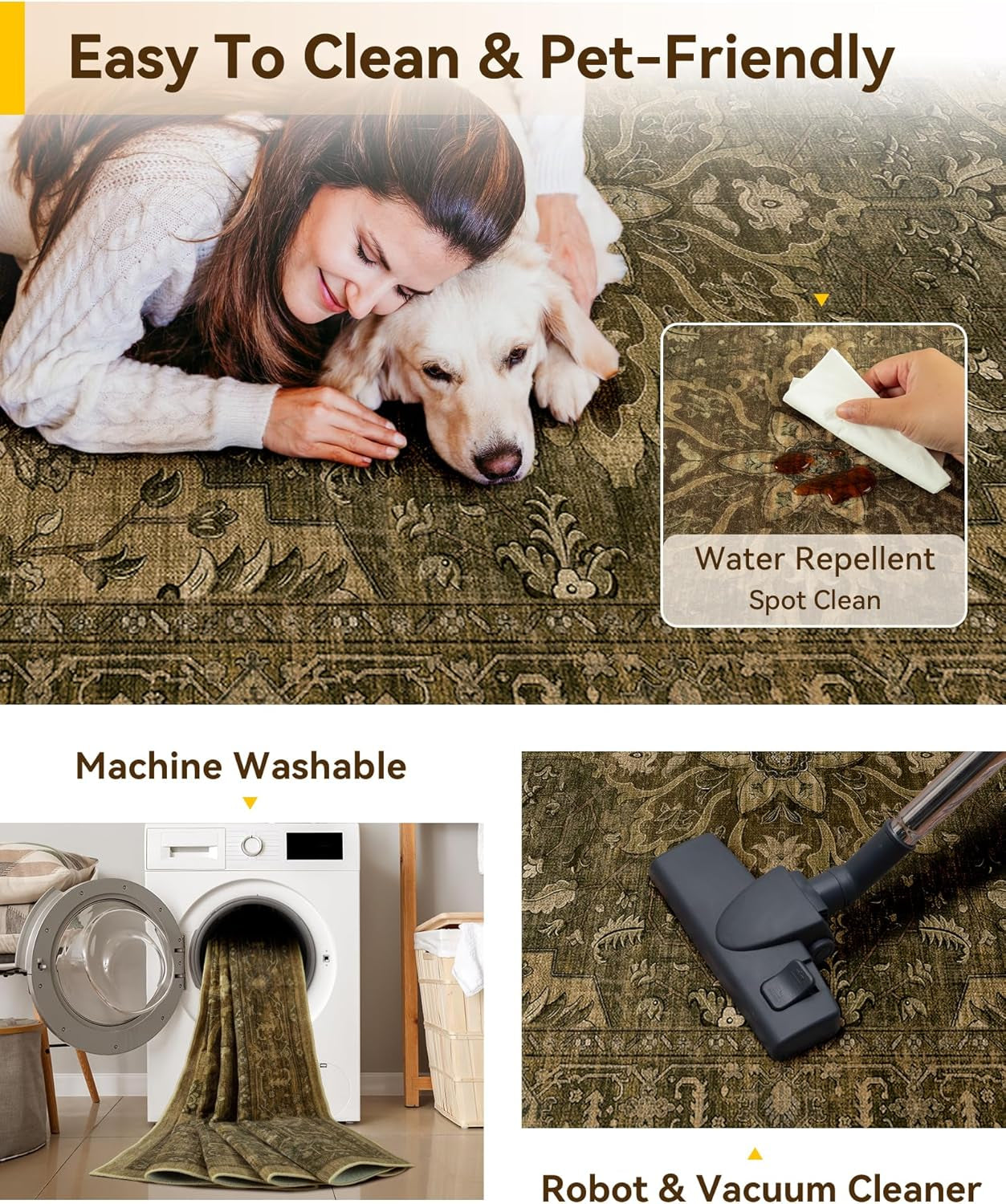 Washable Area Rug, 5'X7', Brown/Dark Brown