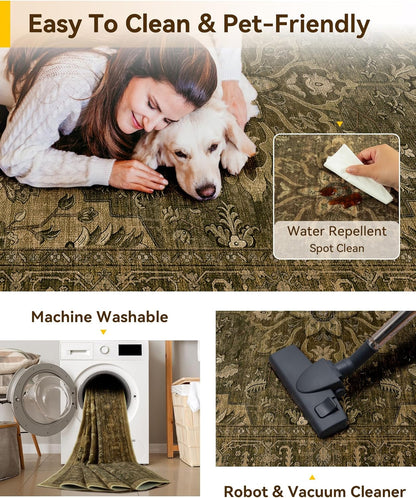 Washable Area Rug, 5'X7', Brown/Dark Brown