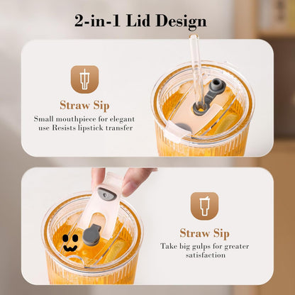 20Oz Iced Coffee Cups with Lids, Ribbed Glass Cups with Lids and Straws