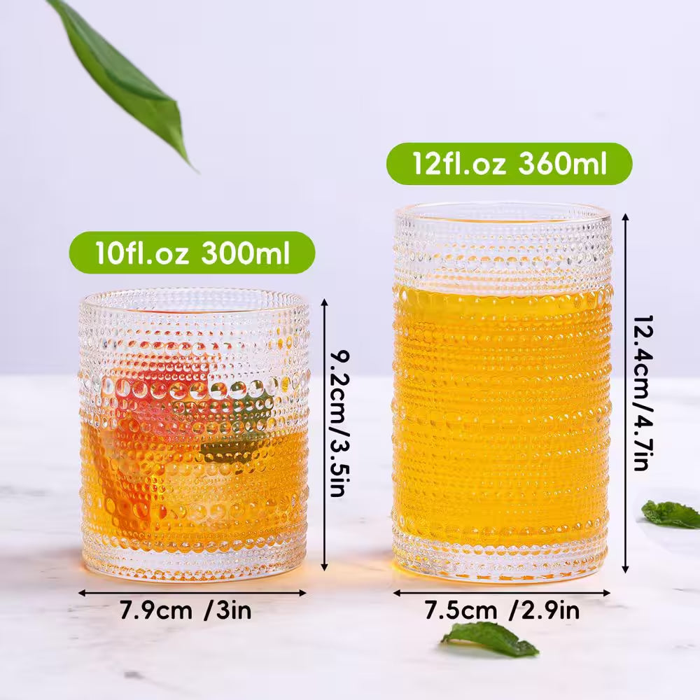 Hobnail Drinking Glasses Set of 12,12 Oz. Highball Glasses and 10 Oz. Cocktail Glasses, Clear Embossed Boho Glass Cups