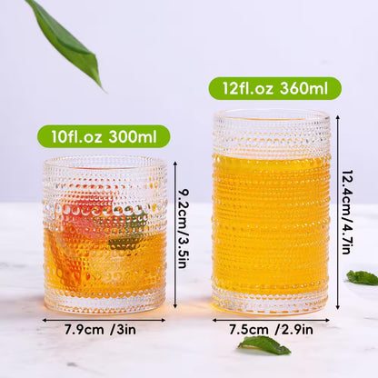 Hobnail Drinking Glasses Set of 12,12 Oz. Highball Glasses and 10 Oz. Cocktail Glasses, Clear Embossed Boho Glass Cups
