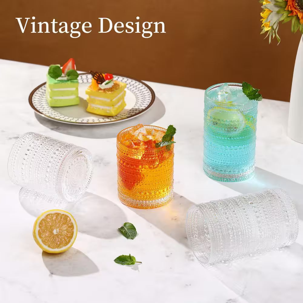 Hobnail Drinking Glasses Set of 12,12 Oz. Highball Glasses and 10 Oz. Cocktail Glasses, Clear Embossed Boho Glass Cups