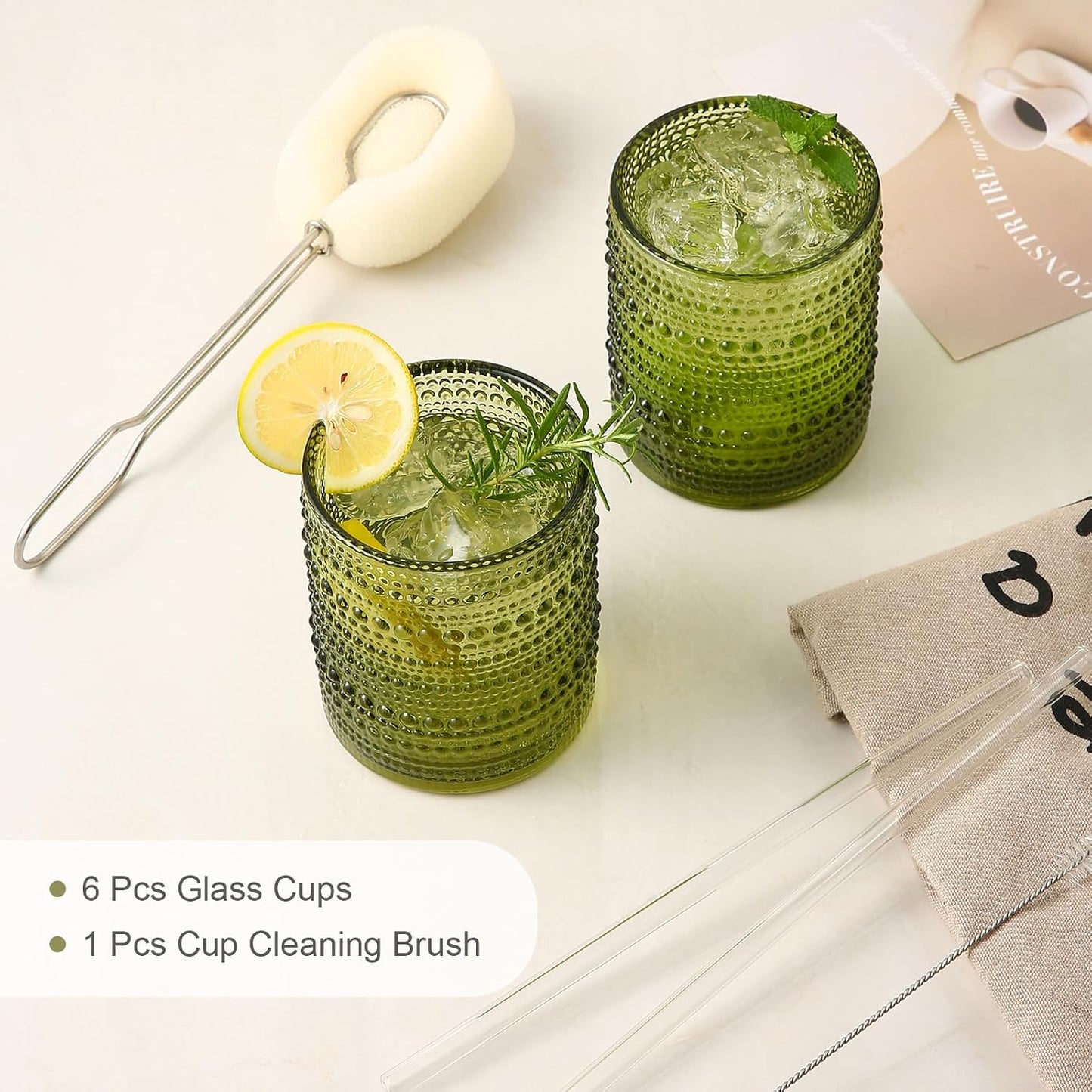 Drinking Glasses Set of 6,12Oz Green Hobnail Glass Cups