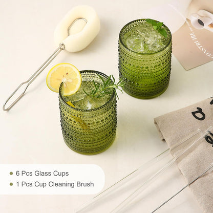 Drinking Glasses Set of 6,12Oz Green Hobnail Glass Cups