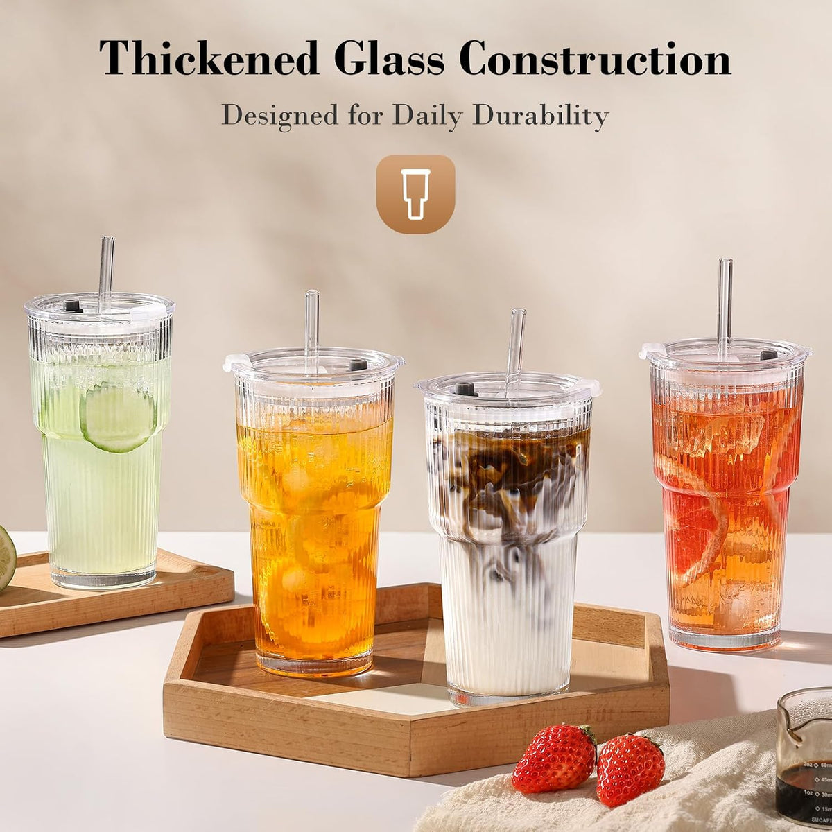 20Oz Iced Coffee Cups with Lids, Ribbed Glass Cups with Lids and Straws