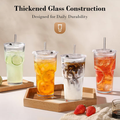 20Oz Iced Coffee Cups with Lids, Ribbed Glass Cups with Lids and Straws