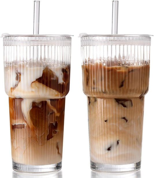 20Oz Ribbed Glass Tumbler with Straw and Lid,2 Pcs Vintage Iced Coffee Cups