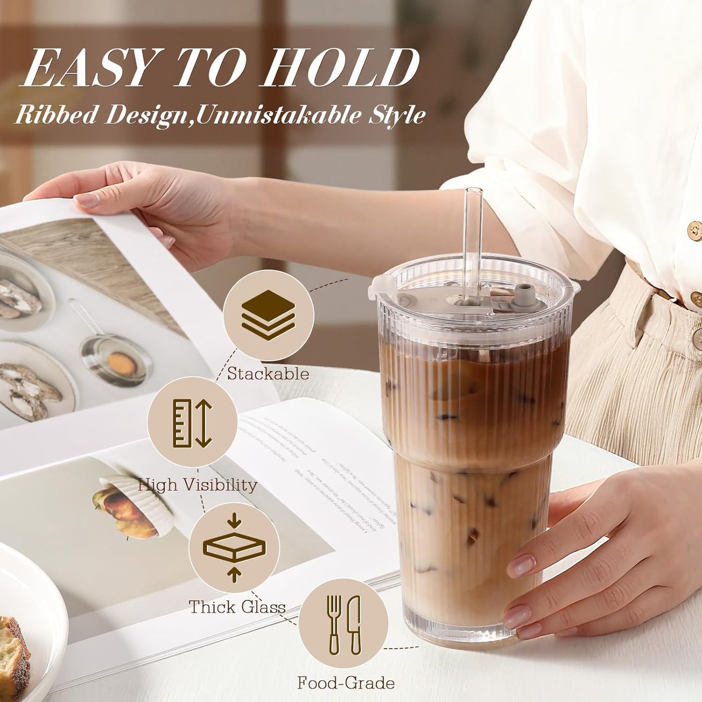 20Oz Ribbed Glass Tumbler with Straw and Lid,2 Pcs Vintage Iced Coffee Cups