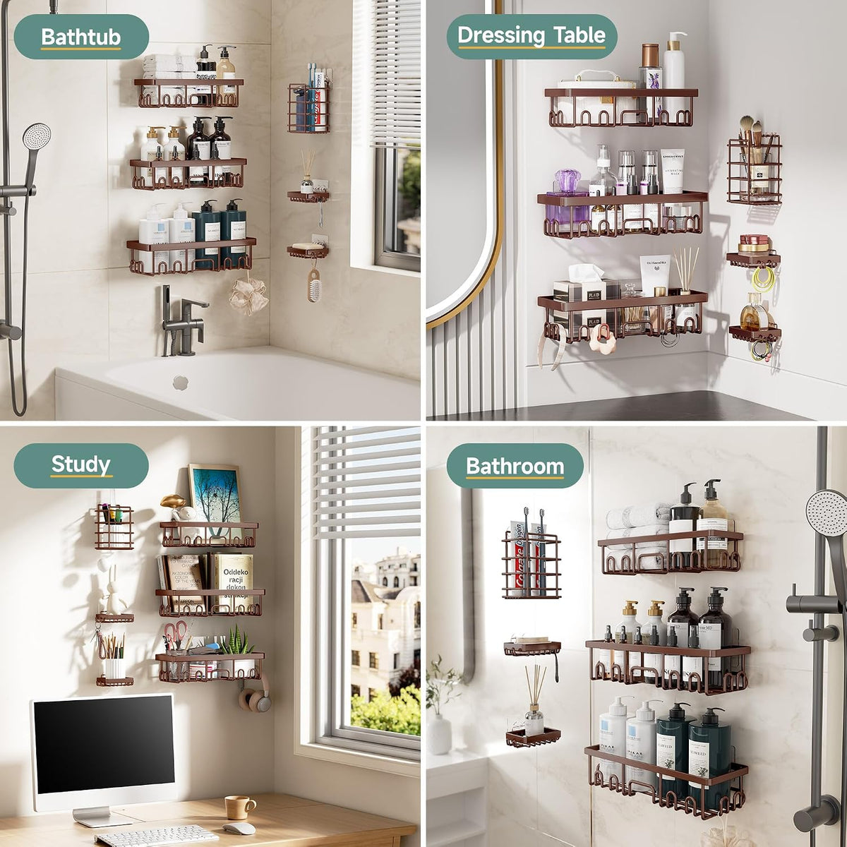 Shower Caddy 6-Pack, No Drilling & Rustproof, Waterproof Adhesive Shelves Rack with Soap Holder, Large Capacity Bathroom Organizers and Storage, Wall-Mounted Kitchen & Home Decor