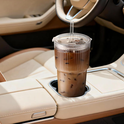 20Oz Ribbed Glass Tumbler with Straw and Lid,2 Pcs Vintage Iced Coffee Cups