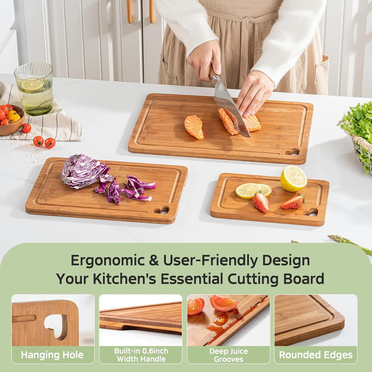 Bamboo Cutting Boards for Kitchen(Set of 3), Wood Cutting Board with Wood Storage Stand, Charcuterie & Chopping Board for Vegetables and Meat, with Deep Juice Groove, Ideal Kitchen Gifts