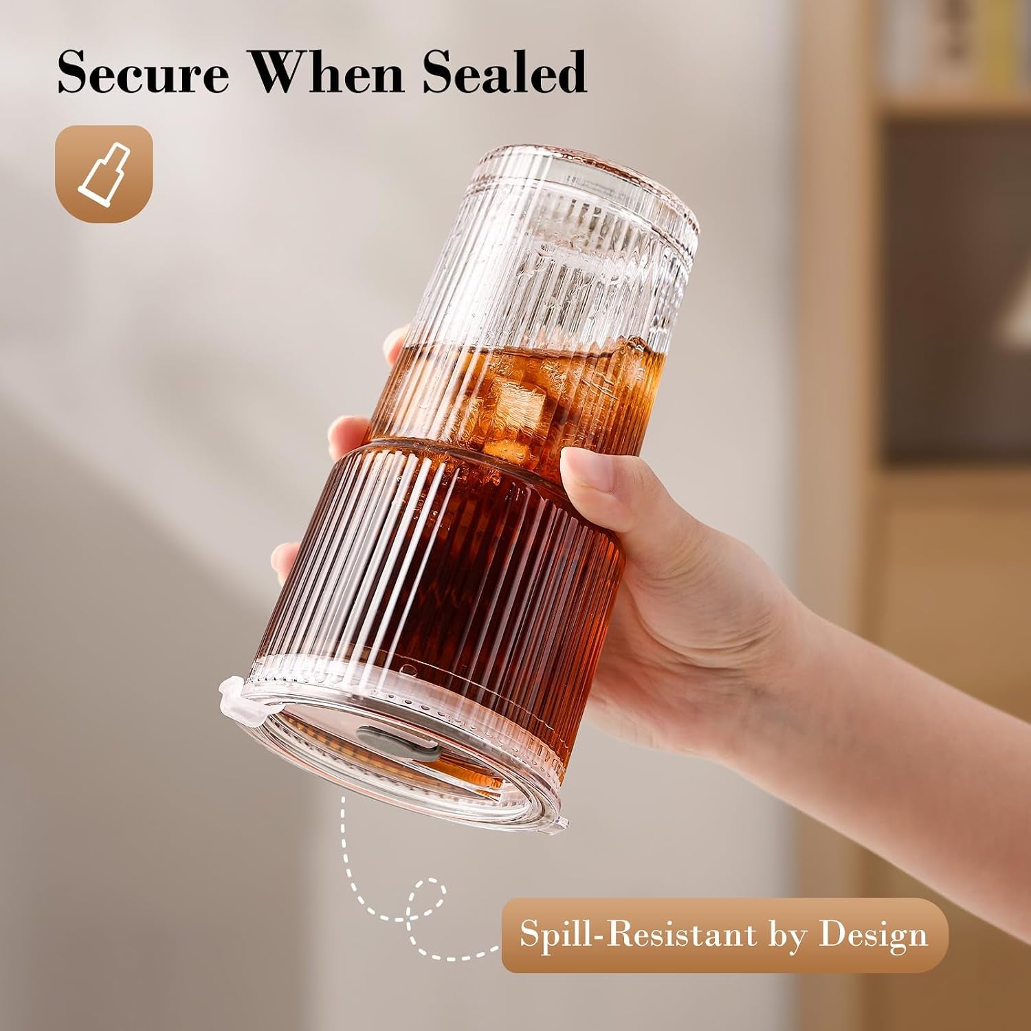 20Oz Iced Coffee Cups with Lids, Ribbed Glass Cups with Lids and Straws