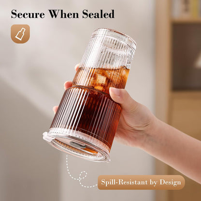 20Oz Iced Coffee Cups with Lids, Ribbed Glass Cups with Lids and Straws